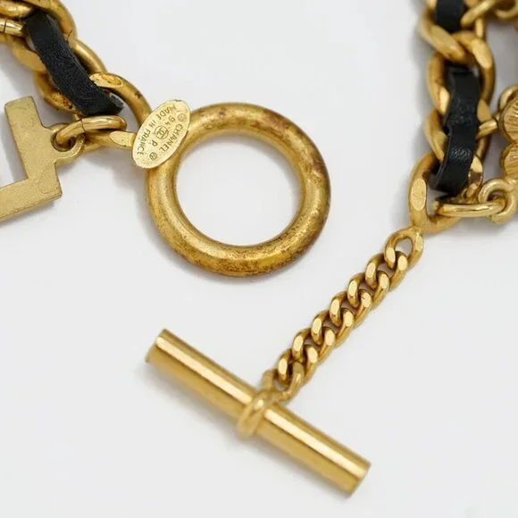 CHANEL No.5 Multi Charm Leather Chain Bracelet 7.3" Gold Tone 94P Auth w/Box - Picture 4 of 6